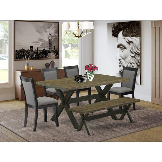 X676MZ650-6 6 Pc Dinette Set - Distressed Jacobean Table with a Bench and 4 Dark Gotham Grey Chairs - Wire Brushed Black Finish