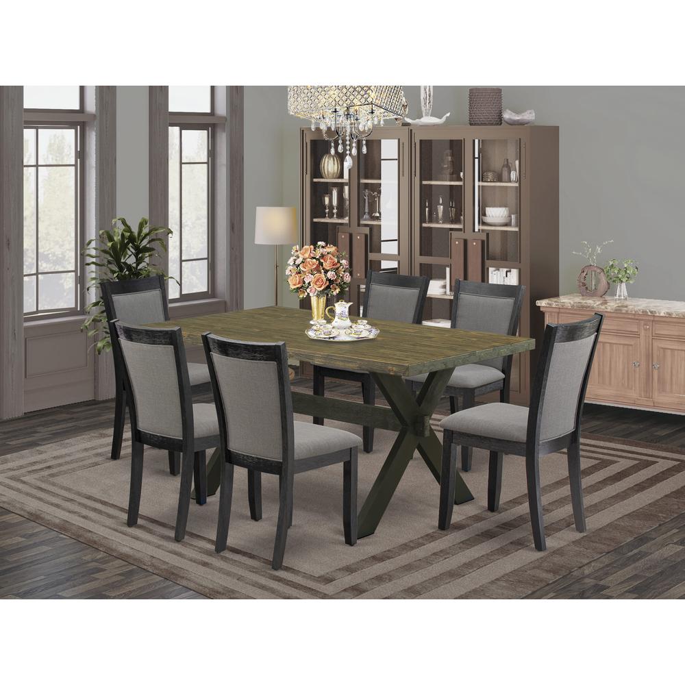 X676MZ650-7 7 Pc Dinette Set - Distressed Jacobean Kitchen Table with 6 Dark Gotham Grey Dining Chairs - Wire Brushed Black Finish