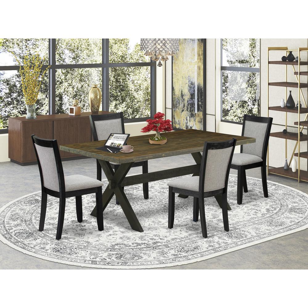 East West Furniture 5 Piece Dining Table Set - A Distressed Jacobean Top Modern Dining Room Table with Trestle Base and 4 Shitake Linen Fabric Kitchen Chairs - Wire Brushed Black Finish