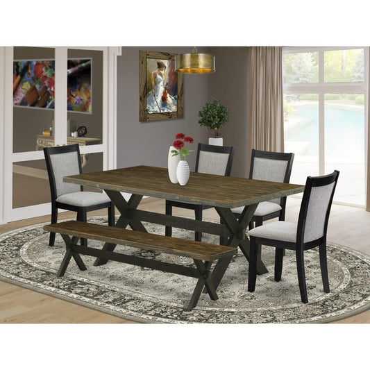 East West Furniture 6 Pc Dinner Table Set - Distressed Jacobean Top Modern Dining Table with a Kitchen Bench and 4 Shitake Linen Fabric Upholstered Chairs - Wire Brushed Black Finish