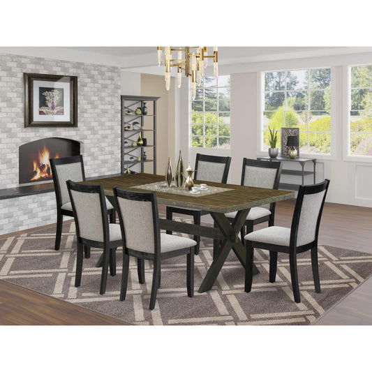 East West Furniture 7 Piece Dining Set - Distressed Jacobean Top Dinning Table with Trestle Base and 6 Shitake Linen Fabric Mid Century Dining Chairs - Wire Brushed Black Finish