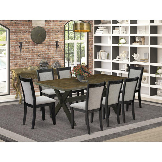 East West Furniture 9 Piece Dinette Set - A Distressed Jacobean Top Mid Century Dining Table with Trestle Base and 8 Shitake Linen Fabric Dining Room Chairs - Wire Brushed Black Finish