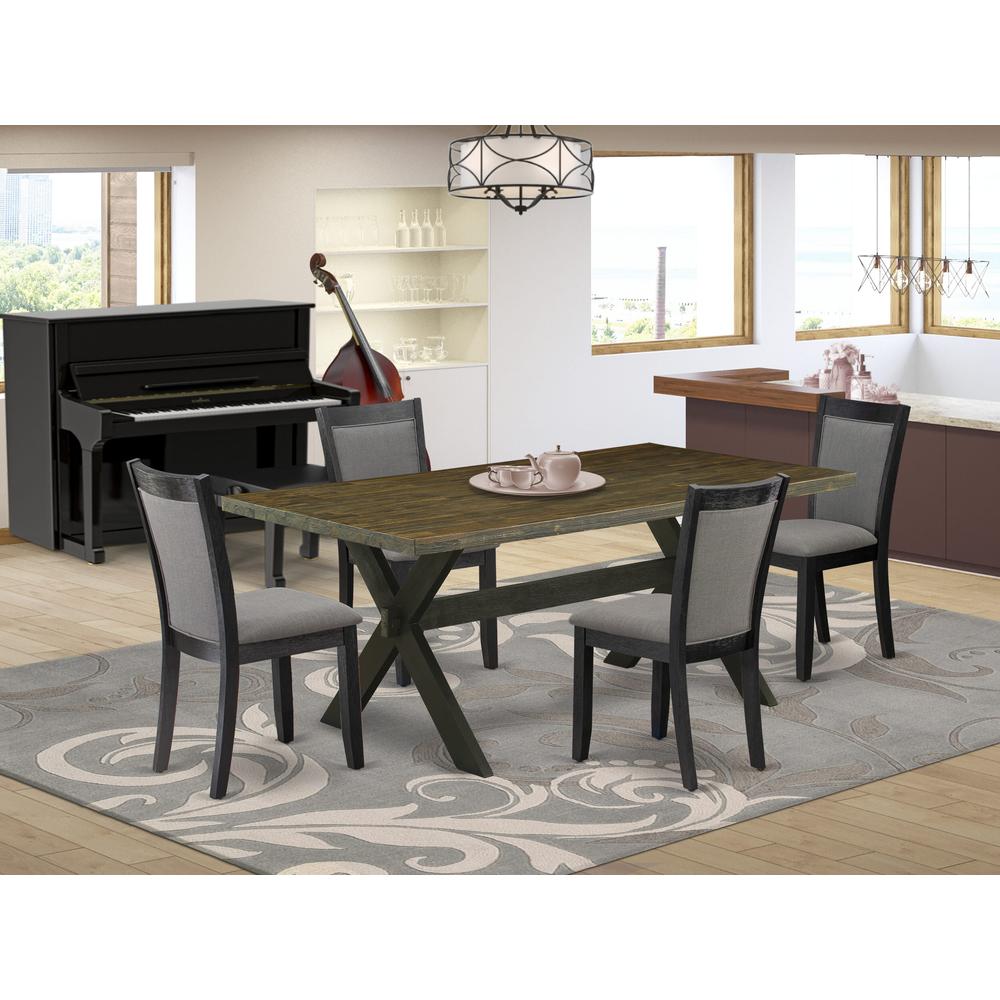 East West Furniture 5 Piece Dining Set - Distressed Jacobean Top Dining Table with Trestle Base and 4 Dark Gotham Grey Linen Fabric Upholstered Dining Chairs - Wire Brushed Black Finish