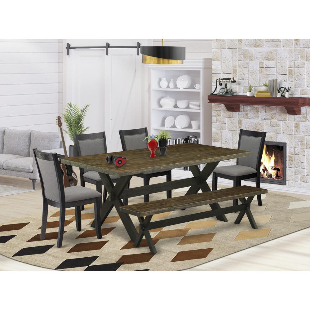 East West Furniture 6 Pc Dining Set - Distressed Jacobean Top Dinning Table with a Rustic Bench and 4 Dark Gotham Grey Linen Fabric Upholstered Chairs - Wire Brushed Black Finish