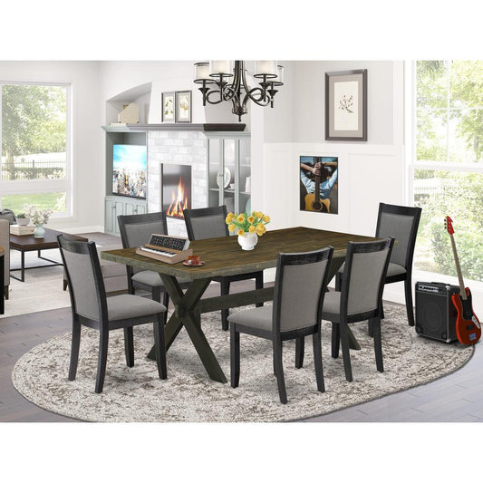 East West Furniture 7 Pc Dining Room Table Set - Distressed Jacobean Top Dinning Table with Trestle Base and 6 Dark Gotham Grey Linen Fabric Dining Chairs - Wire Brushed Black Finish