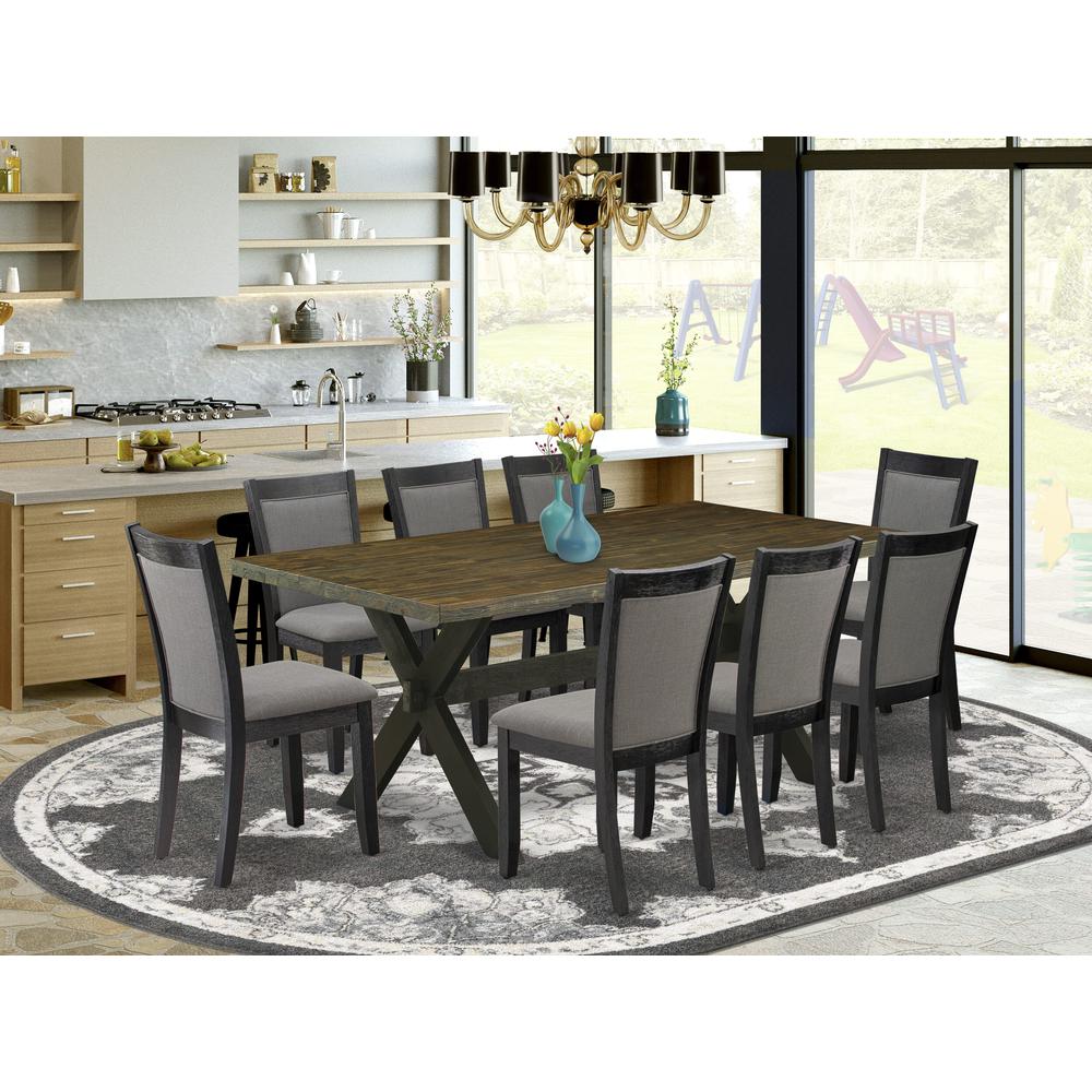 East West Furniture 9 Piece Dinette Set - A Distressed Jacobean Top Dining Table with Trestle Base and 8 Dark Gotham Grey Linen Fabric Dinning Chairs - Wire Brushed Black Finish