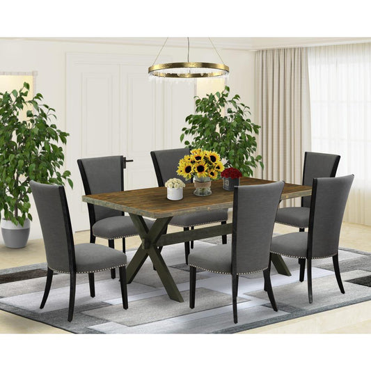 East West Furniture 7 Pc Dining Set Contains a Distressed Jacobean Modern Dining Table and 6 Dark Gotham Grey Linen Fabric Parson Dining Chairs with High Back - Wire Brushed Black Finish