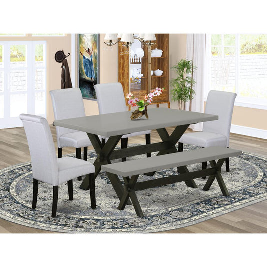 East West Furniture 6 Pc Dinner Table Set Consists of a Cement Dining Table and a Dinning Bench, 4 Grey Linen Fabric Upholstered Dining Chairs with High Back - Wire Brushed Black Finish