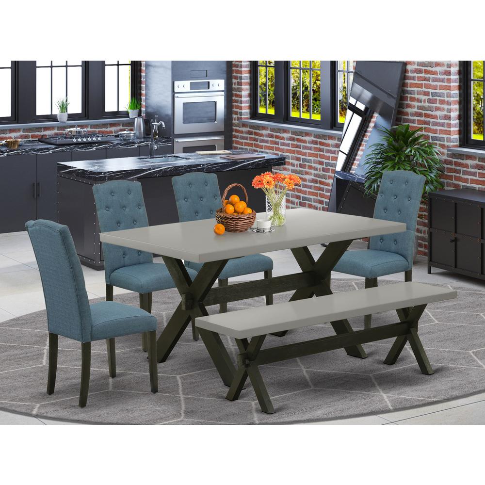 East West Furniture 6 Piece Table Set Includes a Cement Wooden Dining Table and a Dining Room Bench, 4 Blue Linen Fabric Dining Chairs with Button Tufted Back - Wire Brushed Black Finish