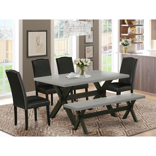 East West Furniture 6 Pc Dining Room Table Set Includes a Cement Wooden Dining Table and a Modern Bench, 4 Black PU Leather Parson Chairs with High Back - Wire Brushed Black Finish