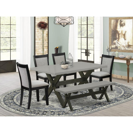 East West Furniture 6 Piece Kitchen Table Set - A Cement Top Kitchen Table with Small Wood Bench and 4 Shitake Linen Fabric Upholstered Wooden Dining Chairs - Wire Brushed Black Finish