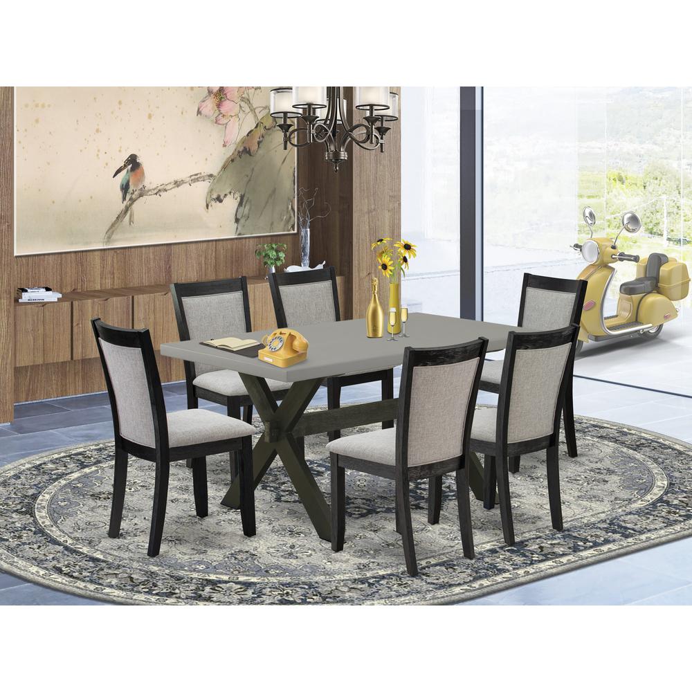 East West Furniture 7 Piece Dining Room Set - A Cement Top Wood Dining Table with Trestle Base and 6 Shitake Linen Fabric Wood Dining Chairs - Wire Brushed Black Finish