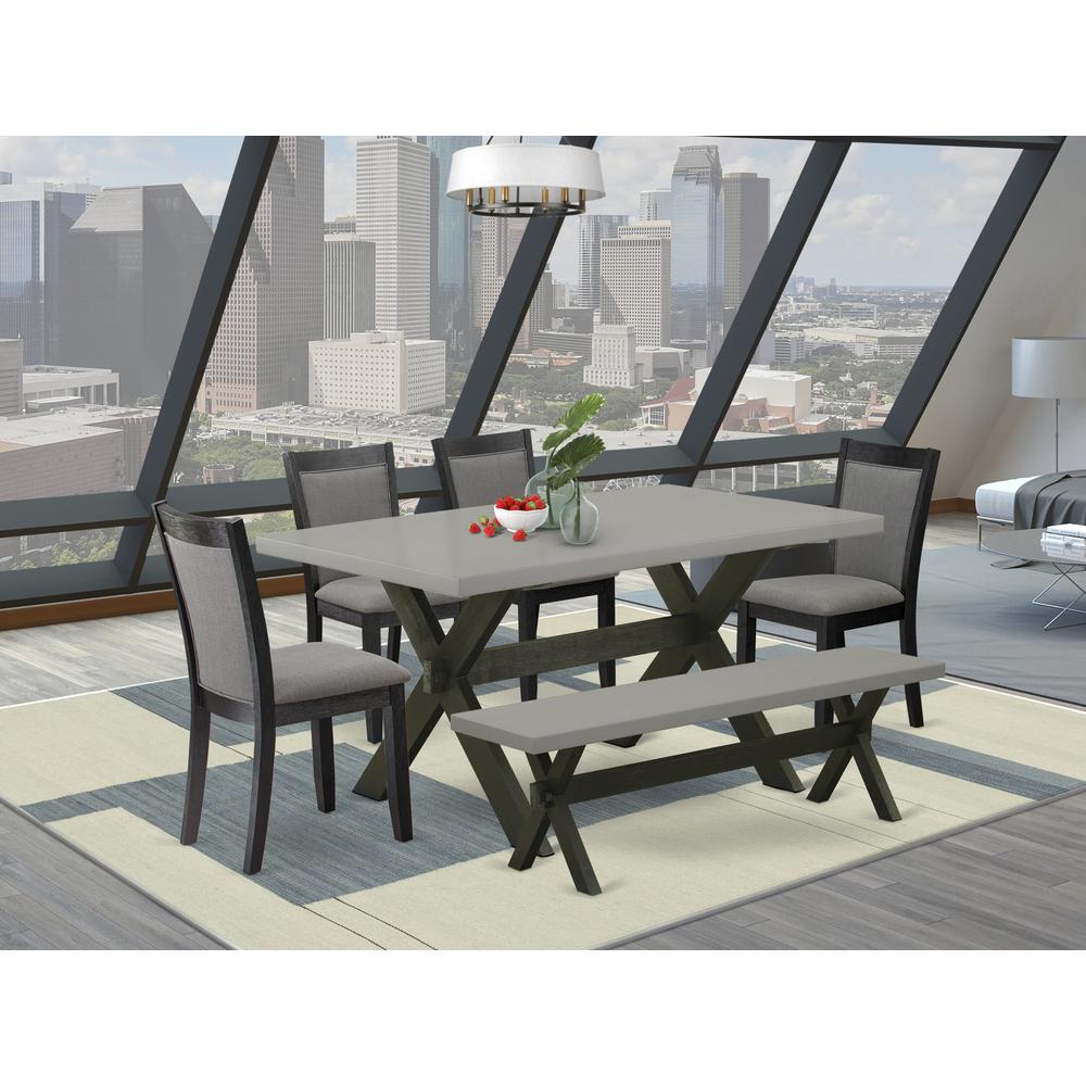 East West Furniture 6 Piece Modern Dining Set - A Cement Top Wood Dining Table with a Bench and 4 Dark Gotham Grey Linen Fabric Upholstered Dining Chairs - Wire Brushed Black Finish