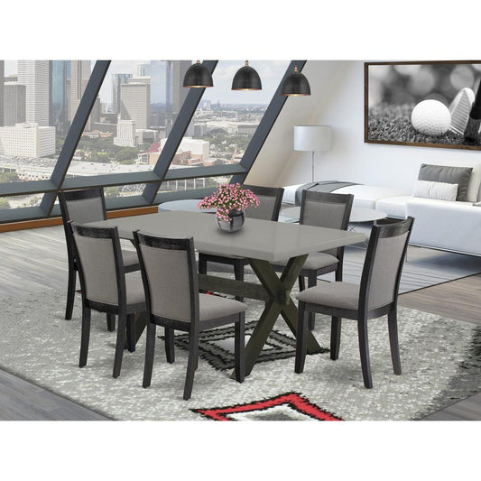 East West Furniture 7 Piece Dining Room Table Set - A Cement Top Mid Century Dining Table with Trestle Base and 6 Dark Gotham Grey Linen Fabric Parson Chairs - Wire Brushed Black Finish