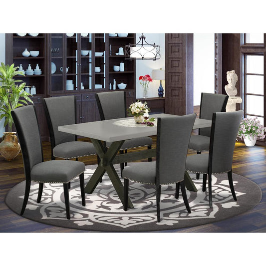 East West Furniture 7 Piece Modern Dining Table Set Consists of a Cement Wooden Dining Table and 6 Dark Gotham Grey Linen Fabric Kitchen Chairs with High Back - Wire Brushed Black Finish