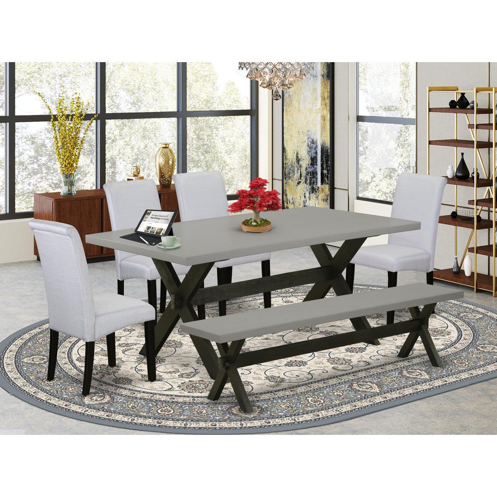 East West Furniture 6 Piece Dining Room Table Set Contains a Cement Dining Table and a Dinning Bench, 4 Grey Linen Fabric Upholstered Chairs with High Back - Wire Brushed Black Finish