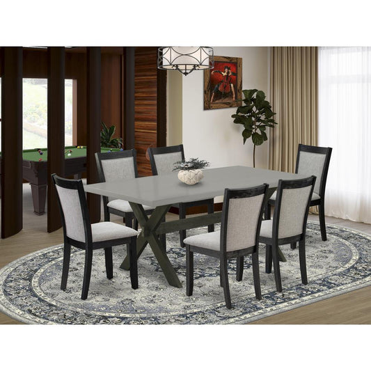 East West Furniture 7 Piece Mid Century Modern Dining Set - Cement Top Wooden Dining Table with Trestle Base and 6 Shitake Linen Fabric Dining Room Chairs - Wire Brushed Black Finish