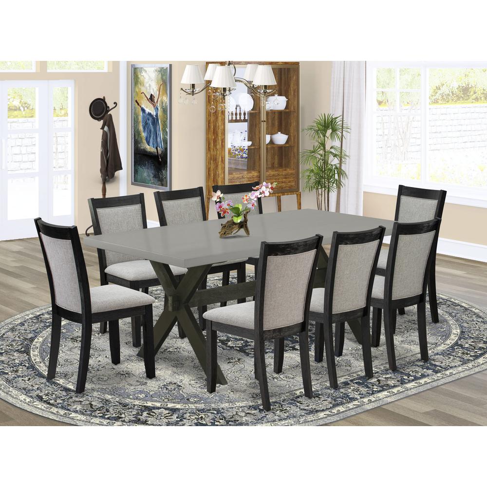 East West Furniture 9 Piece Modern Dining Set - Cement Top Mid Century Modern Dining Table with Trestle Base and 8 Shitake Linen Fabric Parson Chairs - Wire Brushed Black Finish