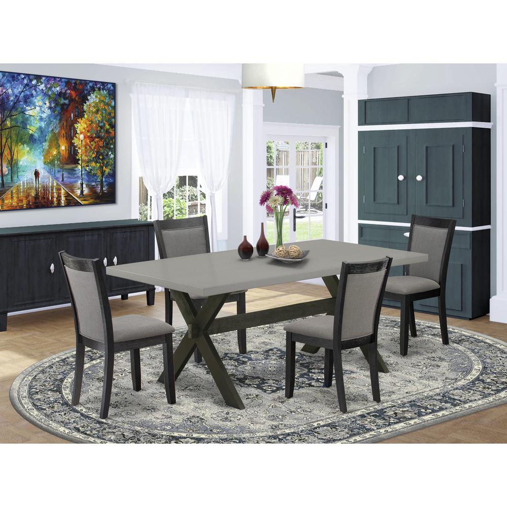 East West Furniture 5 Piece Dining Room Table Set - Cement Top Wood Dining Table with Trestle Base and 4 Dark Gotham Grey Linen Fabric Kitchen Chairs - Wire Brushed Black Finish