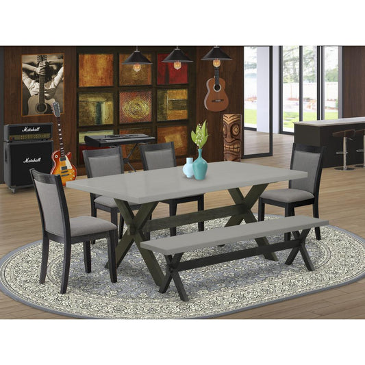 East West Furniture 6 Piece Table Set - Cement Top Modern Dining Table with a Dining Bench and 4 Dark Gotham Grey Linen Fabric Upholstered Parson Chairs - Wire Brushed Black Finish