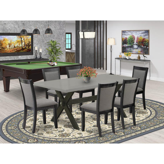 East West Furniture 7 Piece Kitchen Dining Table Set - Cement Top Modern Kitchen Table with Trestle Base and 6 Dark Gotham Grey Linen Fabric Dining Room Chairs - Wire Brushed Black Finish