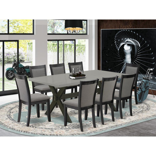 East West Furniture 9 Piece Dining Room Table Set - A Cement Top Wood Table with Trestle Base and 8 Dark Gotham Grey Linen Fabric Wooden Dining Chairs - Wire Brushed Black Finish