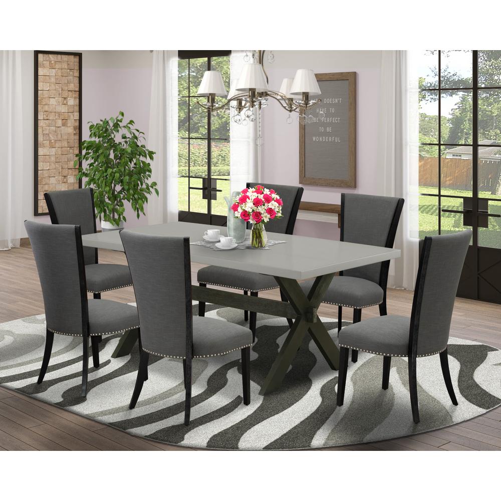 East West Furniture 7 Piece Dinner Table Set Includes a Cement Dining Room Table and 6 Dark Gotham Grey Linen Fabric Dining Room Chairs with High Back - Wire Brushed Black Finish