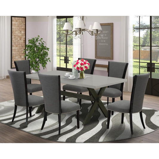 East West Furniture 7 Piece Dinner Table Set Includes a Cement Dining Room Table and 6 Dark Gotham Grey Linen Fabric Dining Room Chairs with High Back - Wire Brushed Black Finish