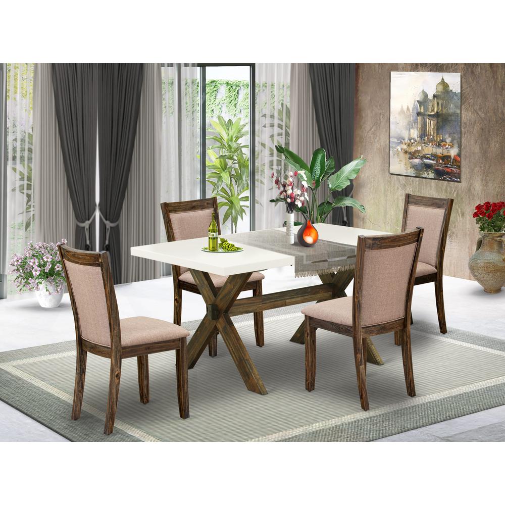 X726MZ716-5 5 Pc Modern Dining Set - A Table with Trestle Base and 4 Modern Chairs For Dining Room - Distressed Jacobean Finish