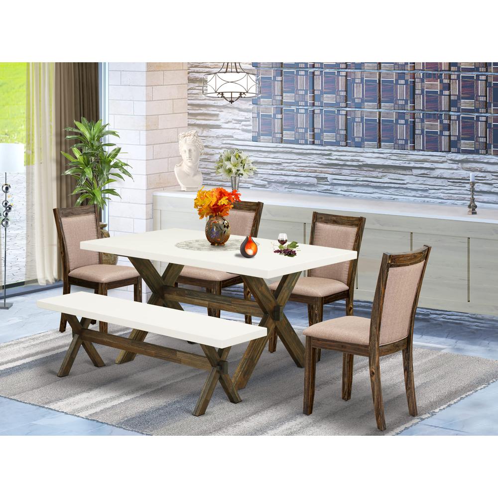 X726MZ716-6 6 Piece Dinning Set- A Kitchen Table in Trestle Base with Wood Bench and 4 Dining Chairs - Distressed Jacobean Finish