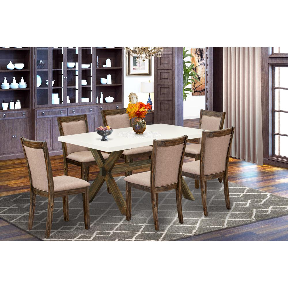 X726MZ716-7 7 Piece Modern Table Set - A Dining Table with Trestle Base and 6 Dining Room Chairs - Distressed Jacobean Finish