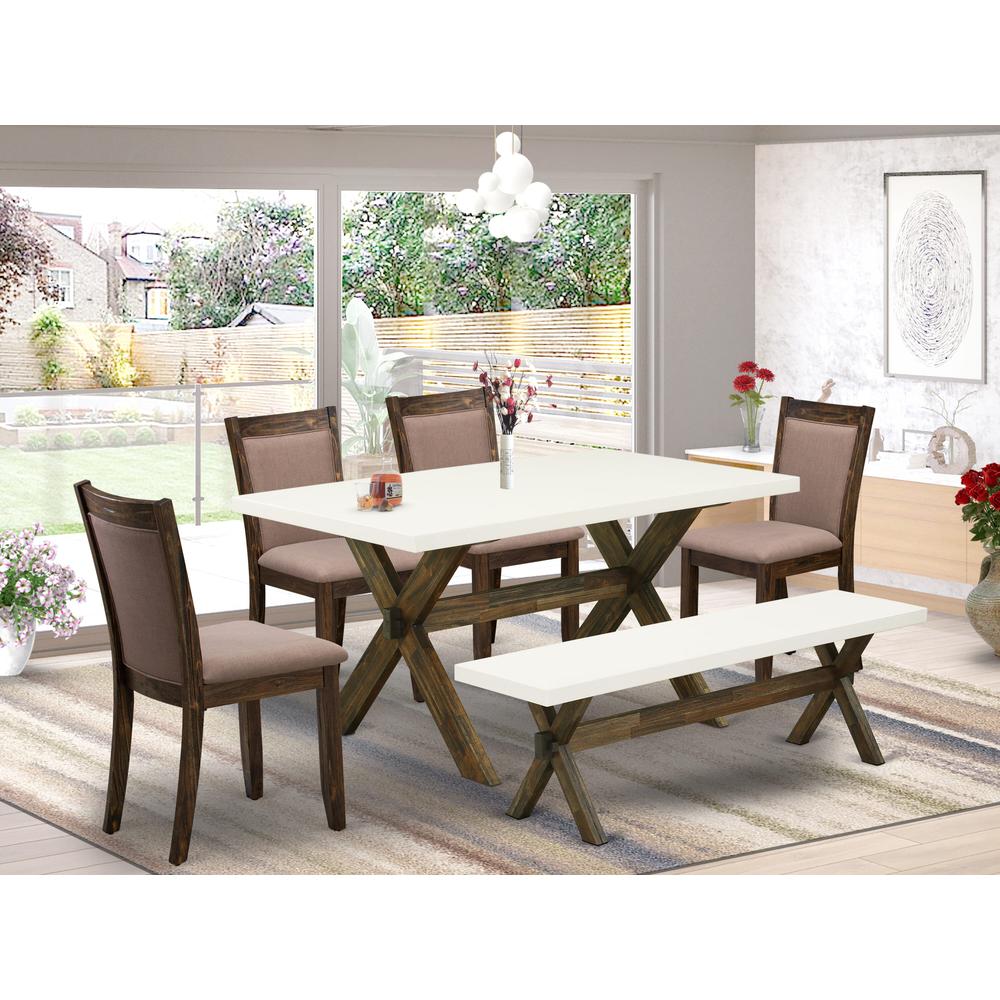 X726MZ748-6 - 6-Pc Dining Set - 4 Dining Chairs, a Wood Bench and 1 Modern dining room table - Linen White Finish