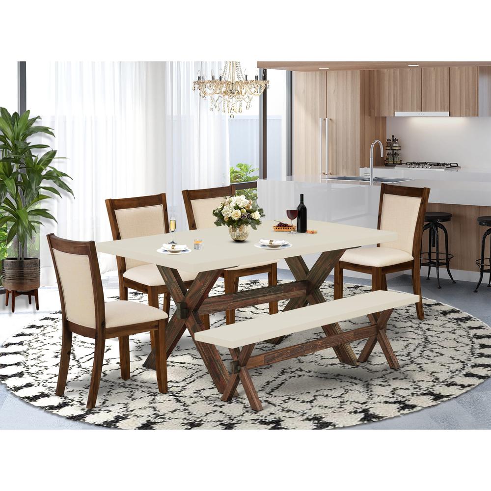 East West Furniture 6-Pc Dining Room Set Includes a Modern Table and a Small Bench with 4 Light Beige Linen Fabric Parson Dining Chairs with Stylish Back - Distressed Jacobean Finish