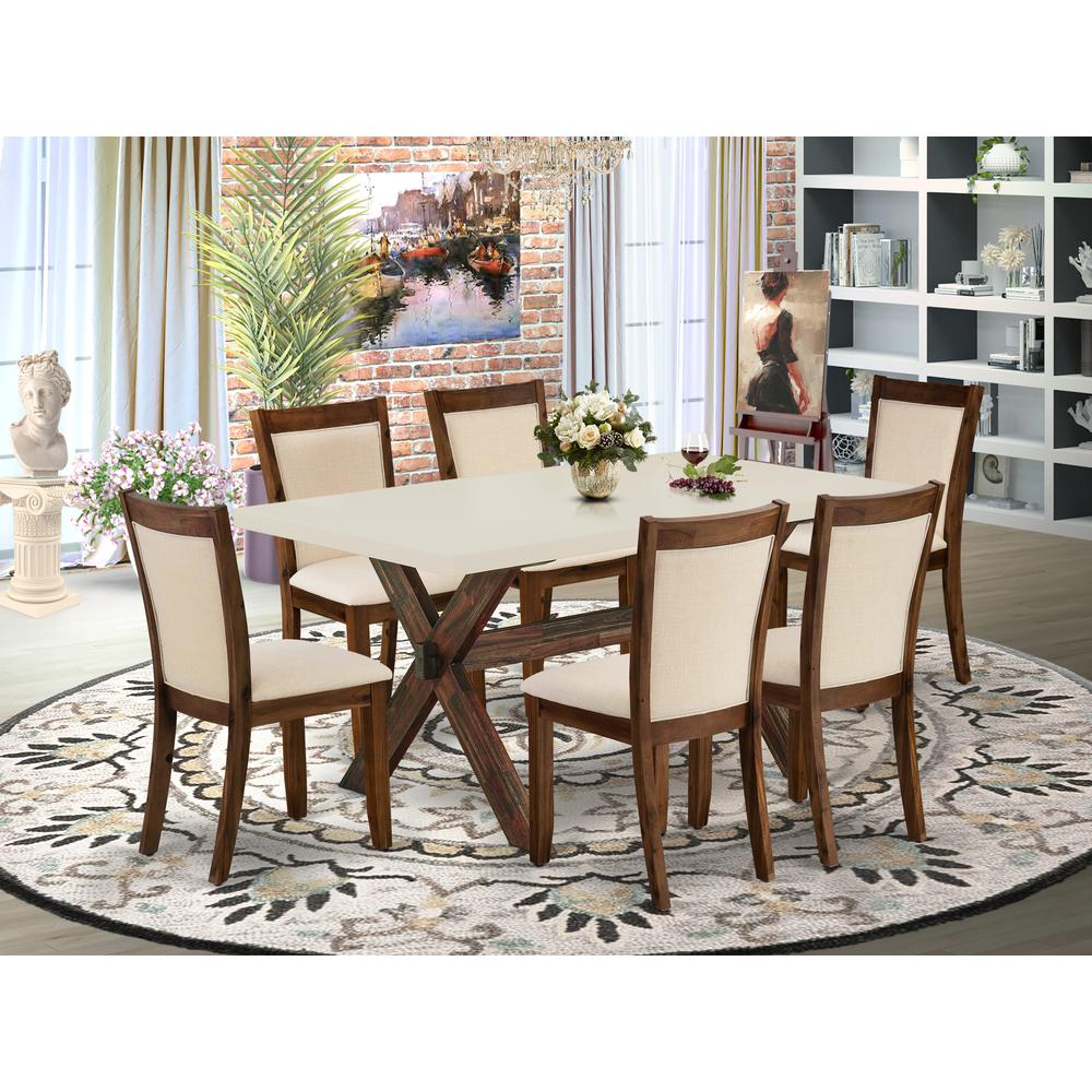 East West Furniture 7-Piece Kitchen Table Set Consists of a Dining Room Table and 6 Light Beige Linen Fabric Dining Room Chairs with Stylish Back - Distressed Jacobean Finish