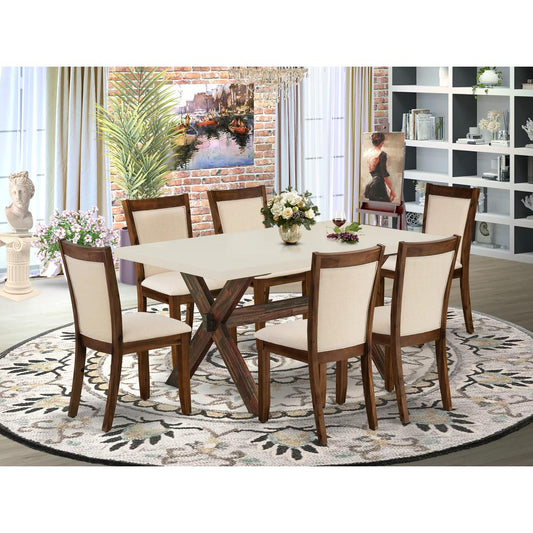 East West Furniture 7-Piece Kitchen Table Set Consists of a Dining Room Table and 6 Light Beige Linen Fabric Dining Room Chairs with Stylish Back - Distressed Jacobean Finish