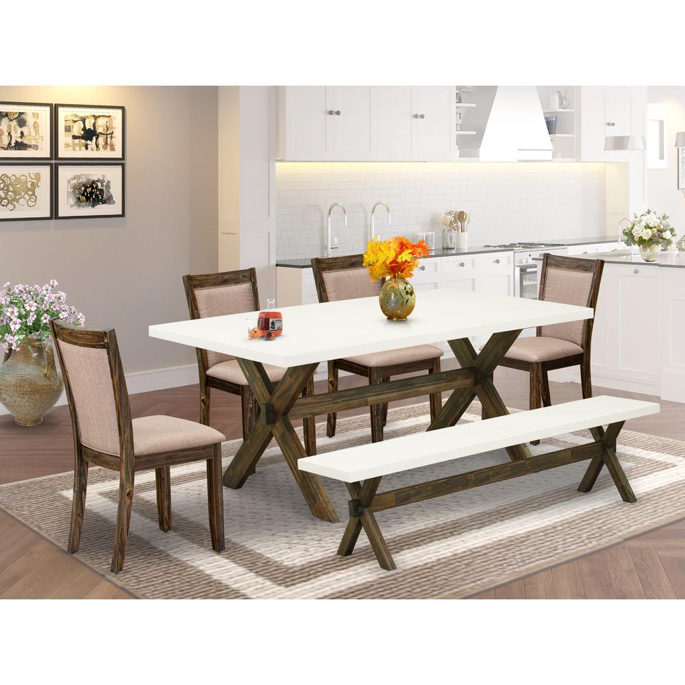 X727MZ716-6 6 Pc Dining Table Set- A Modern Table in Trestle Base with Wood Bench and 4 Parson Chairs - Distressed Jacobean Finish