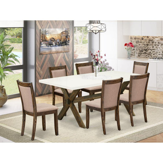 X727MZ716-7 7 Piece Modern Dinner Table Set - A Dining Table with Trestle Base and 6 Kitchen Chairs - Distressed Jacobean Finish