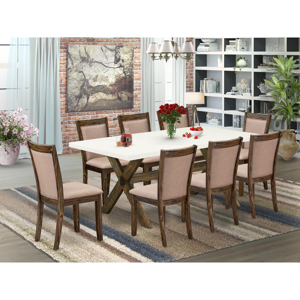 X727MZ716-9 9 Piece Innovative Dining Set - A Dinning Table with Trestle Base and 8 Kitchen Chairs - Distressed Jacobean Finish