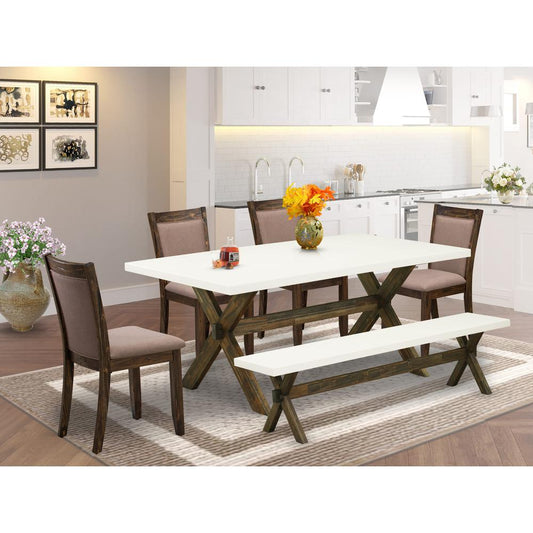 X727MZ748-6 6 Piece Dining Set- A Dinning Table in Trestle Base with Bench and 4 Coffee Dinner Chairs - Distressed Jacobean Finish