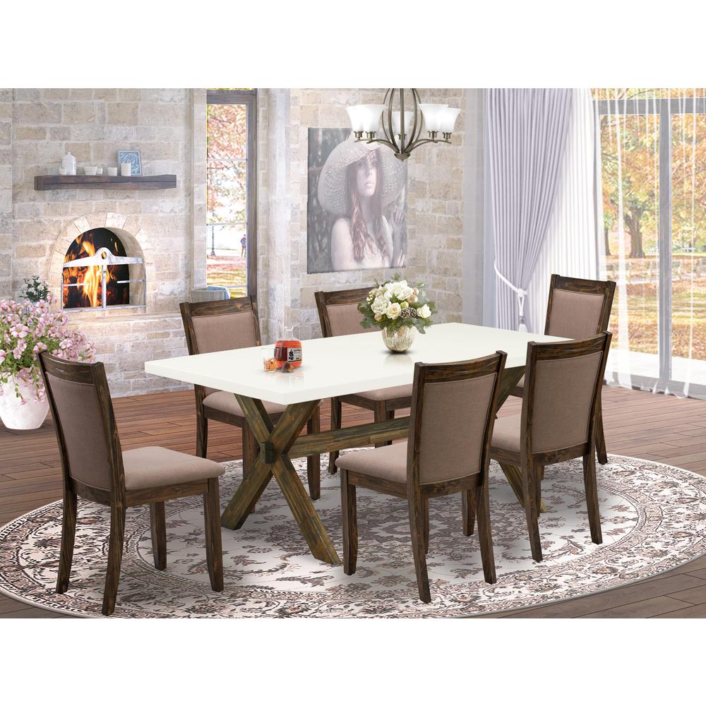 X727MZ748-7 7 Piece Modern Dining Set - A Dining Table with Trestle Base and 6 Coffee Dining Chairs - Distressed Jacobean Finish