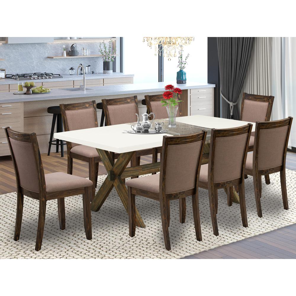 X727MZ748-9 9 Pc Innovative Dining Set - A Kitchen Table with Trestle Base and 8 Coffee Dining Chairs - Distressed Jacobean Finish