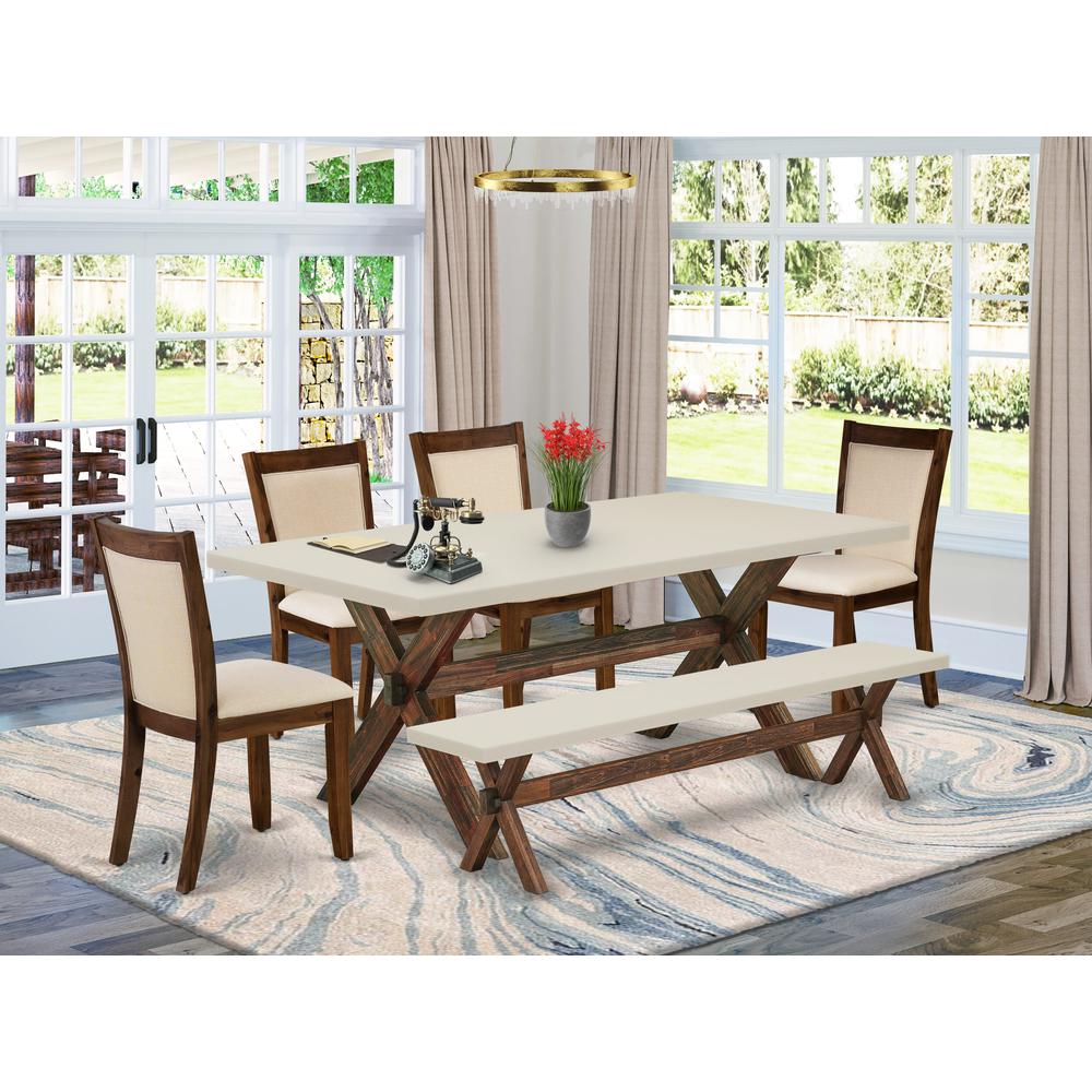 East West Furniture 6-Piece Kitchen Table Set Includes a Dinner Table and a Kitchen Bench with 4 Light Beige Linen Fabric Upholstered Chairs with Stylish Back - Distressed Jacobean Finish