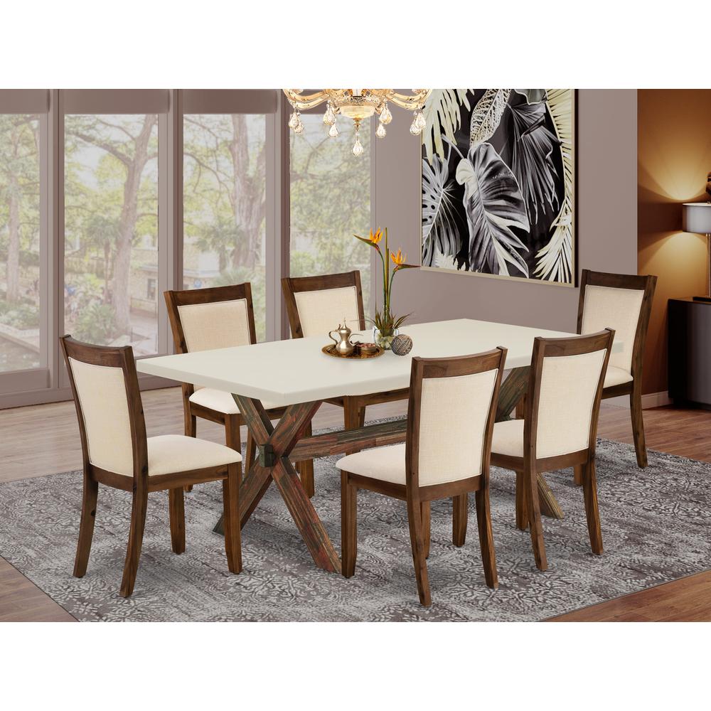 East West Furniture 7-Pc Dining Set Consists of a Wood Dining Table and 6 Light Beige Linen Fabric Dinning Room Chairs with Stylish Back - Distressed Jacobean Finish