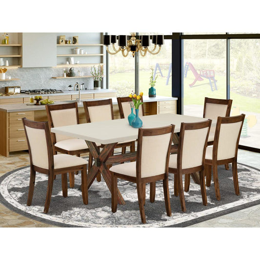 East West Furniture 9-Piece Dining Table Set Contains a Wood Dining Table and 8 Light Beige Linen Fabric Mid Century Dining Chairs with Stylish Back - Distressed Jacobean Finish