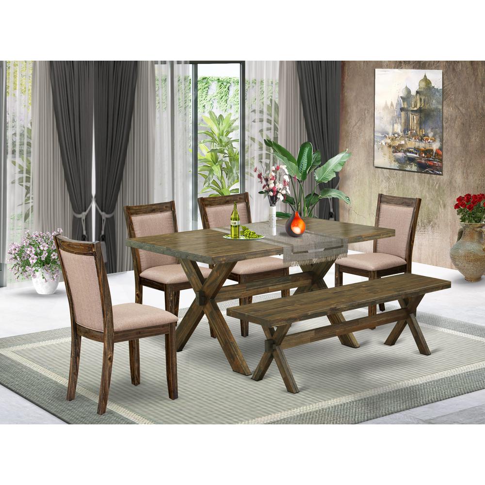 X776MZ716-6 6 Pc Dining Table Set- A Wood Table in Trestle Base with Rustic Bench and 4 Dining Chairs - Distressed Jacobean Finish