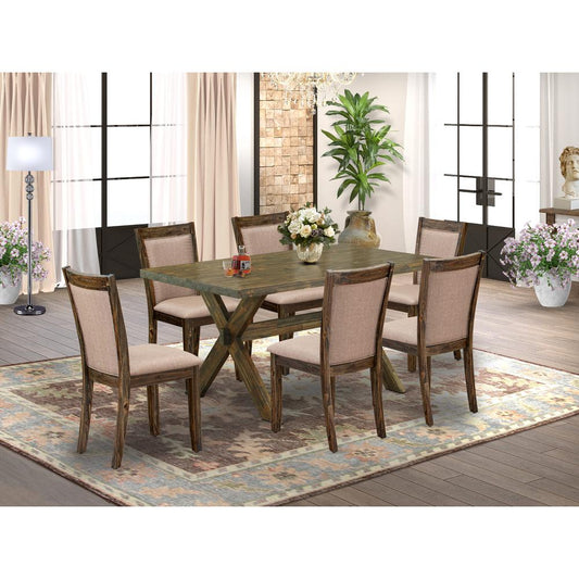 X776MZ716-7 7 Pc Modern Kitchen Dining Set - A Dining Table with Trestle Base and 6 Dining Chairs - Distressed Jacobean Finish