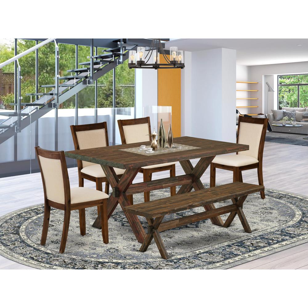 East West Furniture 6-Piece Dining Room Set Consists of a Rectangular Table and a Wooden Bench with 4 Light Beige Linen Fabric Dinner Chairs with Stylish Back - Distressed Jacobean Finish