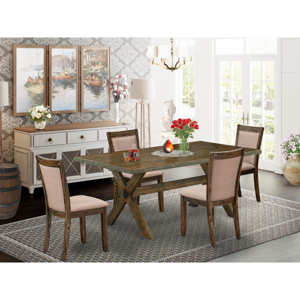 East West Furniture 5 Piece Dining Table Set - A Distressed Jacobean Top Kitchen Table with Trestle Base and 4 Dark Khaki Linen Fabric Dining Chairs - Distressed Jacobean Finish