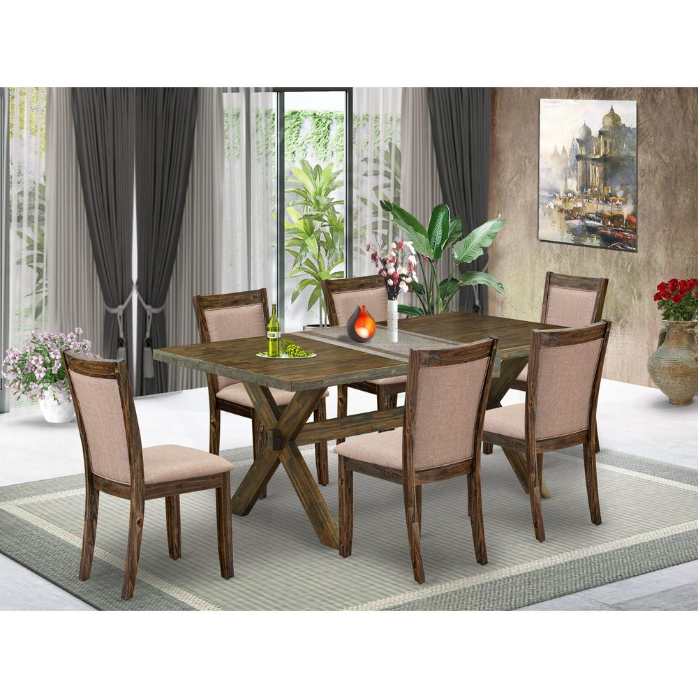 East West Furniture 7 Piece Rustic Dining Table Set - A Distressed Jacobean Top Wooden Table with Trestle Base and 6 Dark Khaki Linen Fabric Dining Chairs - Distressed Jacobean Finish