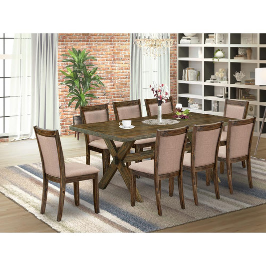 East West Furniture 9 Piece Modern Dining Set - A Distressed Jacobean Top Dining Table with Trestle Base and 8 Dark Khaki Linen Fabric Parson Chairs - Distressed Jacobean Finish